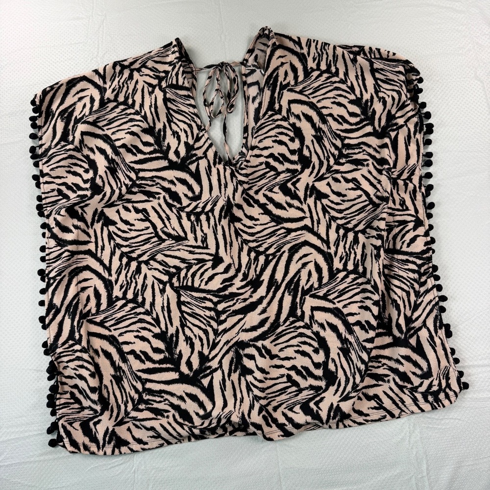 Xhilaration Womens Small Zebra Print Swimwear Cover Up Top Pom Trim Tie Neck